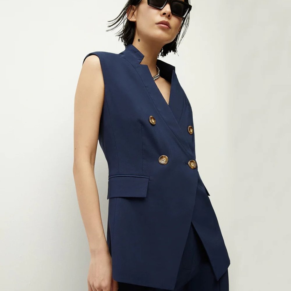 Veronica Beard Navy Sleeveless Double-Breasted Vest